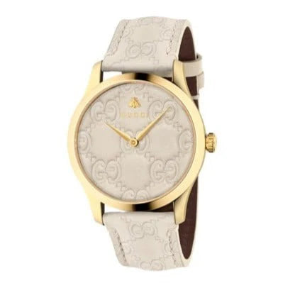 Gucci G Timeless Quarzuhr mit weißem Zifferblatt und weißem Lederarmband für Damen – YA1264033A, Damenuhr