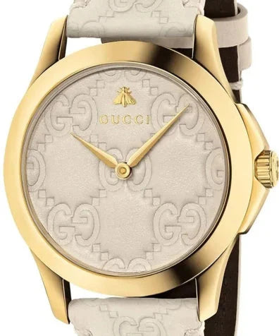 Gucci G Timeless Quarzuhr mit weißem Zifferblatt und weißem Lederarmband für Damen – YA1264033A, Damenuhr