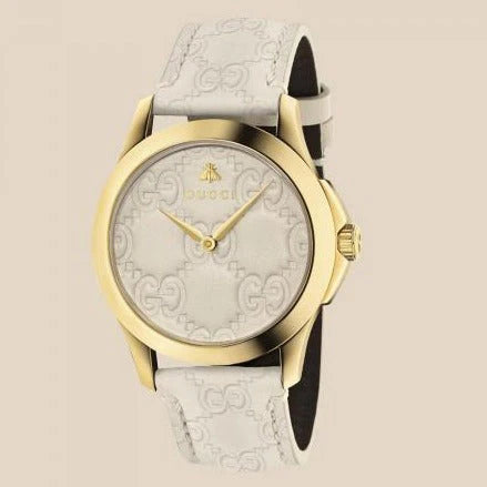 Gucci G Timeless Quarzuhr mit weißem Zifferblatt und weißem Lederarmband für Damen – YA1264033A, Damenuhr