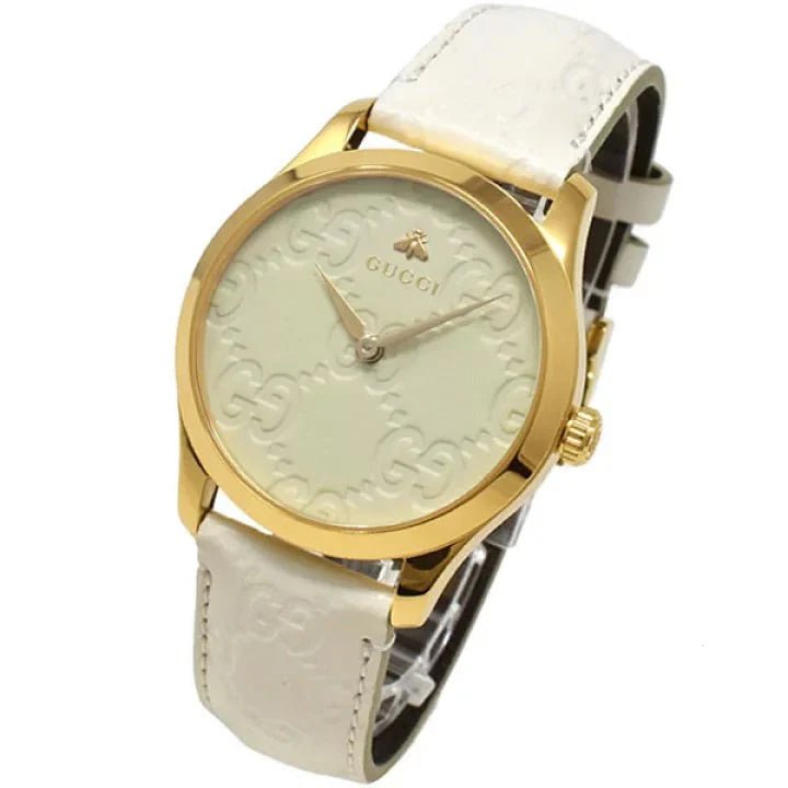Gucci G Timeless Quarzuhr mit weißem Zifferblatt und weißem Lederarmband für Damen – YA1264033A, Damenuhr