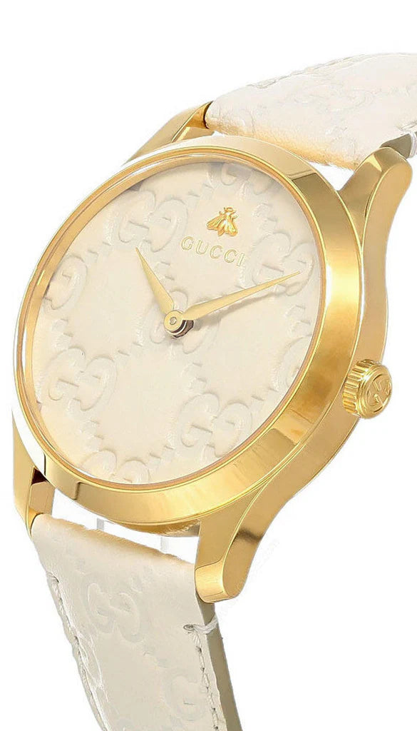 Gucci G Timeless Quarzuhr mit weißem Zifferblatt und weißem Lederarmband für Damen – YA1264033A, Damenuhr