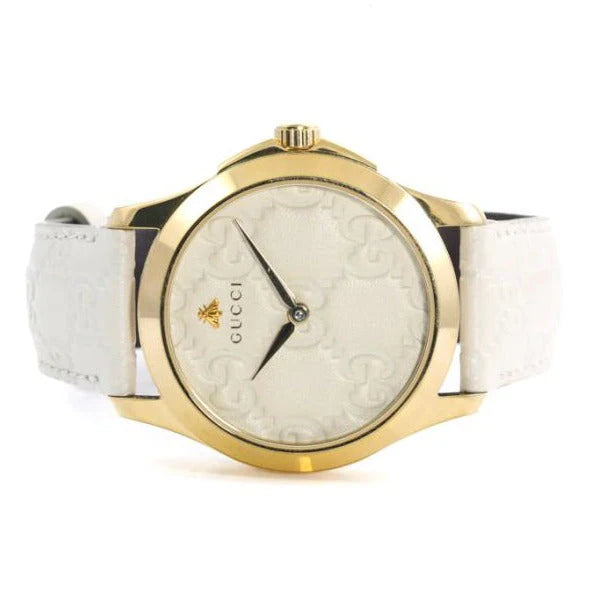 Gucci G Timeless Quarzuhr mit weißem Zifferblatt und weißem Lederarmband für Damen – YA1264033A, Damenuhr