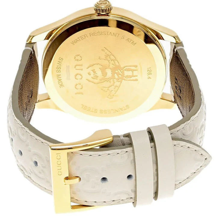 Gucci G Timeless Quarzuhr mit weißem Zifferblatt und weißem Lederarmband für Damen – YA1264033A, Damenuhr