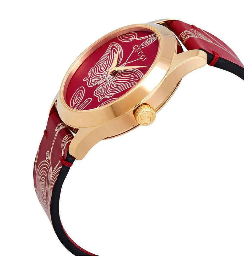 Gucci G Timeless Quarzuhr mit rotem Zifferblatt und rotem Lederarmband für Damen – YA1264054