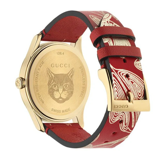 Gucci G Timeless Quarzuhr mit rotem Zifferblatt und rotem Lederarmband für Damen – YA1264054