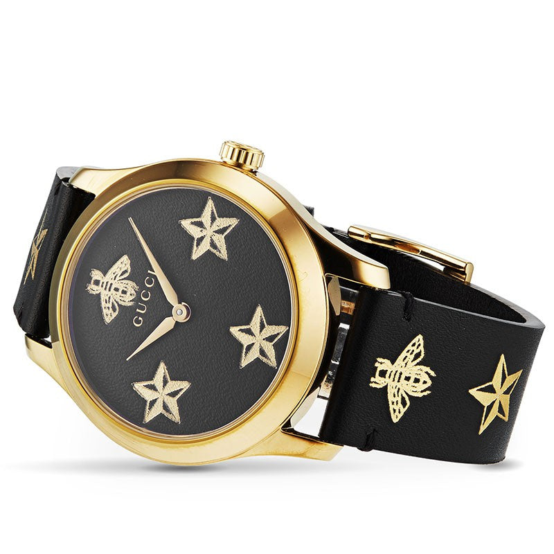 Gucci G Zeitlose Gucci Uhr  für Damen, schwarzes Zifferblatt schwarzes Lederarmband - YA1264055