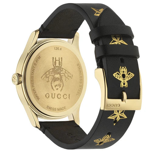 Gucci G Zeitlose Gucci Uhr  für Damen, schwarzes Zifferblatt schwarzes Lederarmband - YA1264055