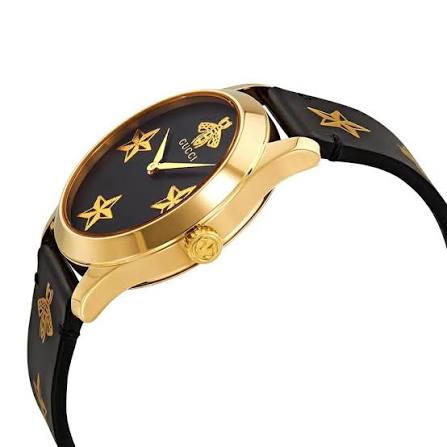 Gucci G Zeitlose Gucci Uhr  für Damen, schwarzes Zifferblatt schwarzes Lederarmband - YA1264055