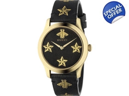 Gucci G Zeitlose Gucci Uhr  für Damen, schwarzes Zifferblatt schwarzes Lederarmband - YA1264055