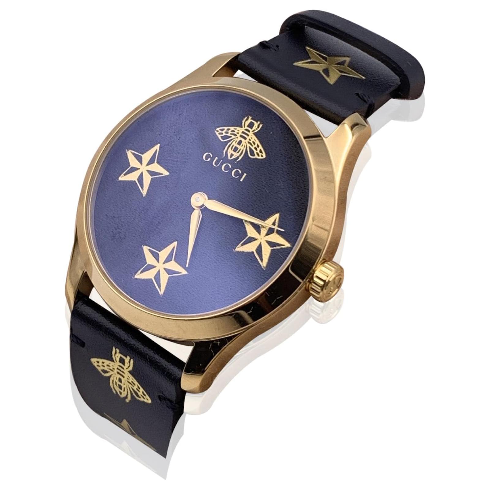 Gucci G Zeitlose Gucci Uhr  für Damen, schwarzes Zifferblatt schwarzes Lederarmband - YA1264055