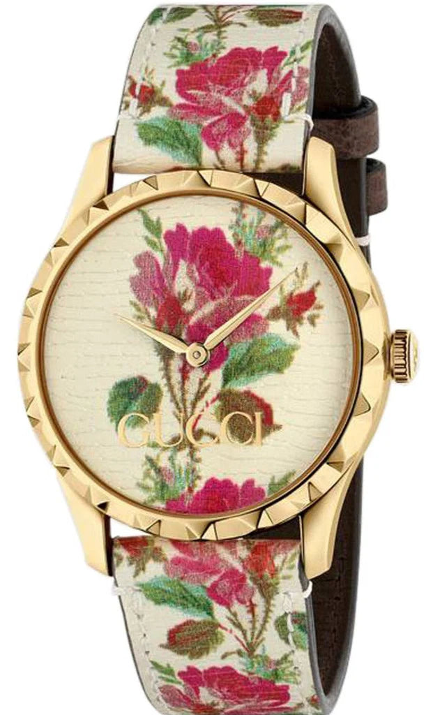 Gucci G Timeless Floral – Uhr mit goldenem Zifferblatt und weißem Lederarmband für Damen – YA1264084, Damenuhr