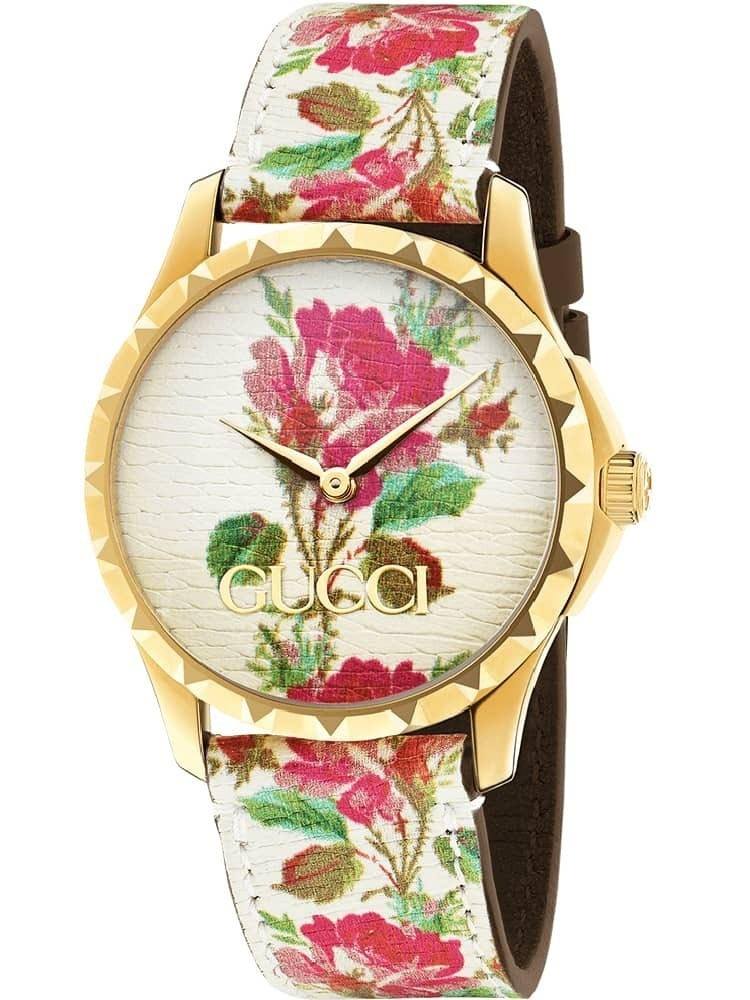 Gucci G Timeless Floral – Uhr mit goldenem Zifferblatt und weißem Lederarmband für Damen – YA1264084, Damenuhr