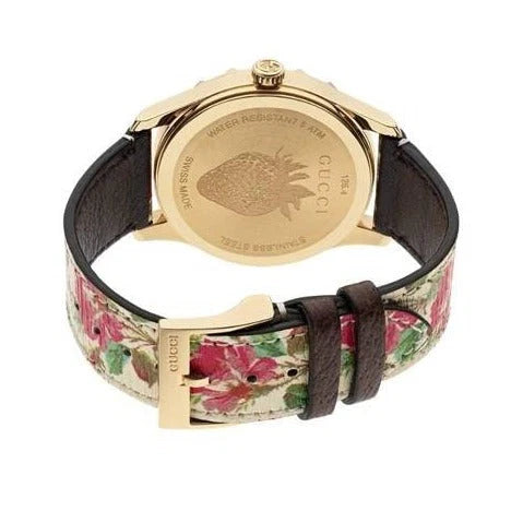 Gucci G Timeless Floral – Uhr mit goldenem Zifferblatt und weißem Lederarmband für Damen – YA1264084, Damenuhr