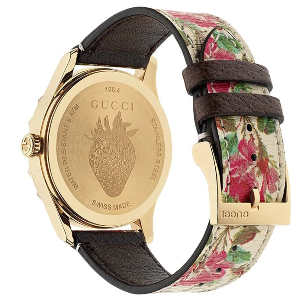 Gucci G Timeless Floral – Uhr mit goldenem Zifferblatt und weißem Lederarmband für Damen – YA1264084, Damenuhr
