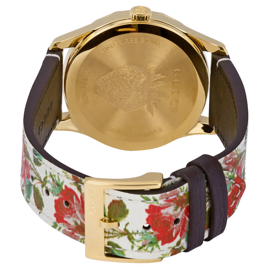 Gucci G Timeless Floral – Uhr mit goldenem Zifferblatt und weißem Lederarmband für Damen – YA1264084, Damenuhr