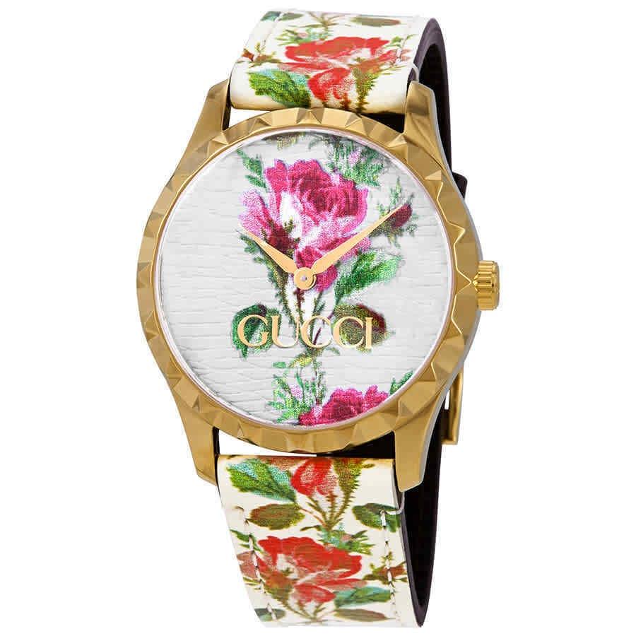 Gucci G Timeless Floral – Uhr mit goldenem Zifferblatt und weißem Lederarmband für Damen – YA1264084, Damenuhr
