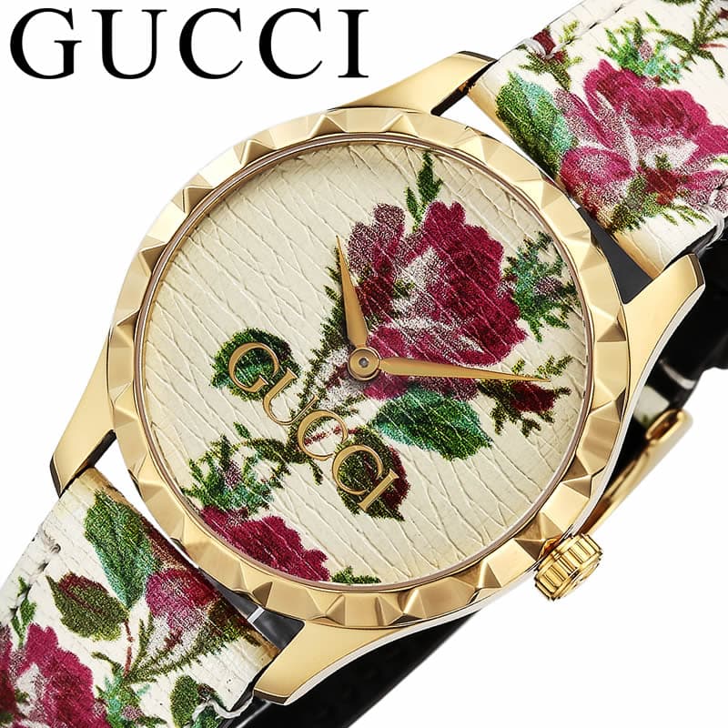 Gucci G Timeless Floral – Uhr mit goldenem Zifferblatt und weißem Lederarmband für Damen – YA1264084, Damenuhr