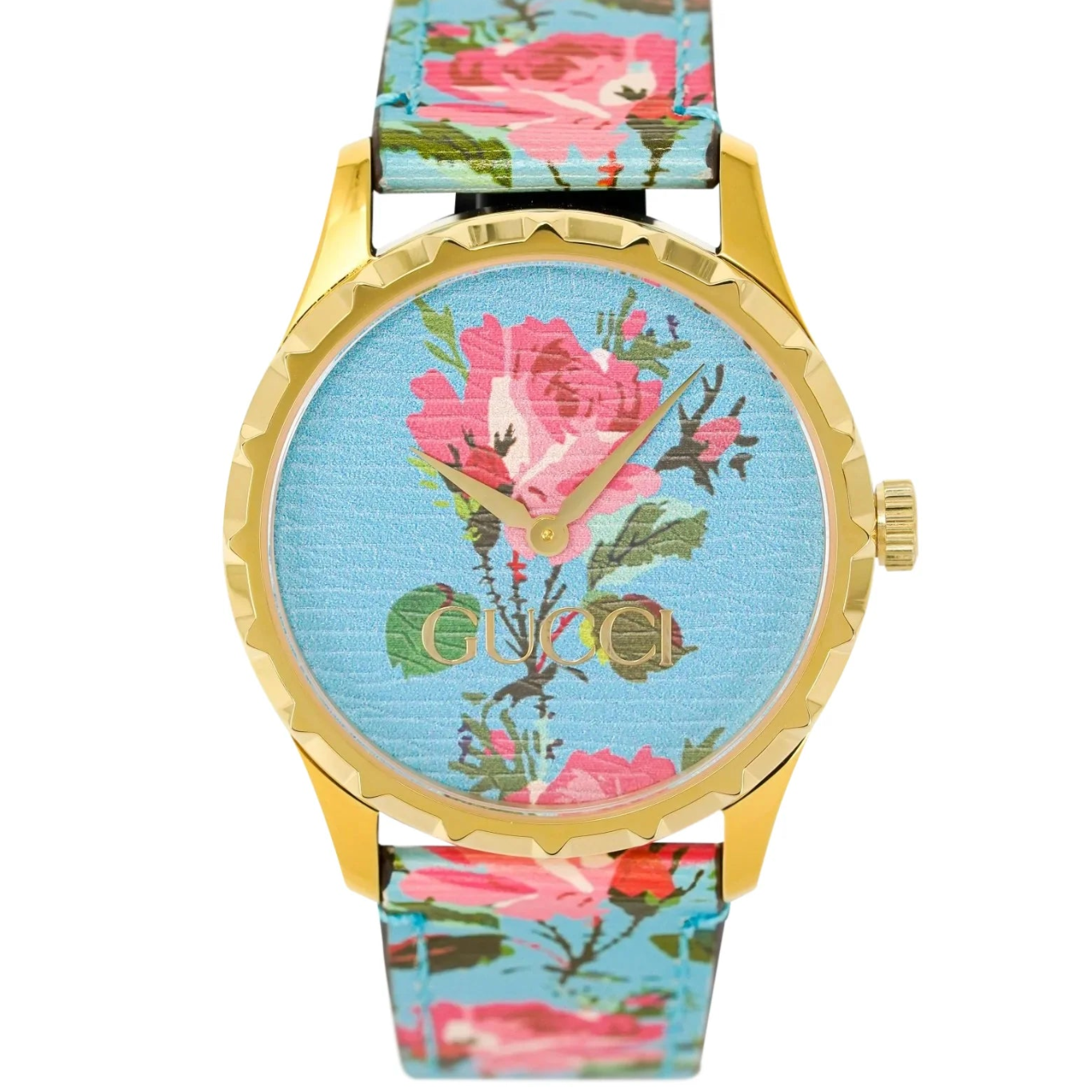 Gucci G Timeless Floral, türkises Zifferblatt, türkises Lederarmband, Damenuhr – YA1264085