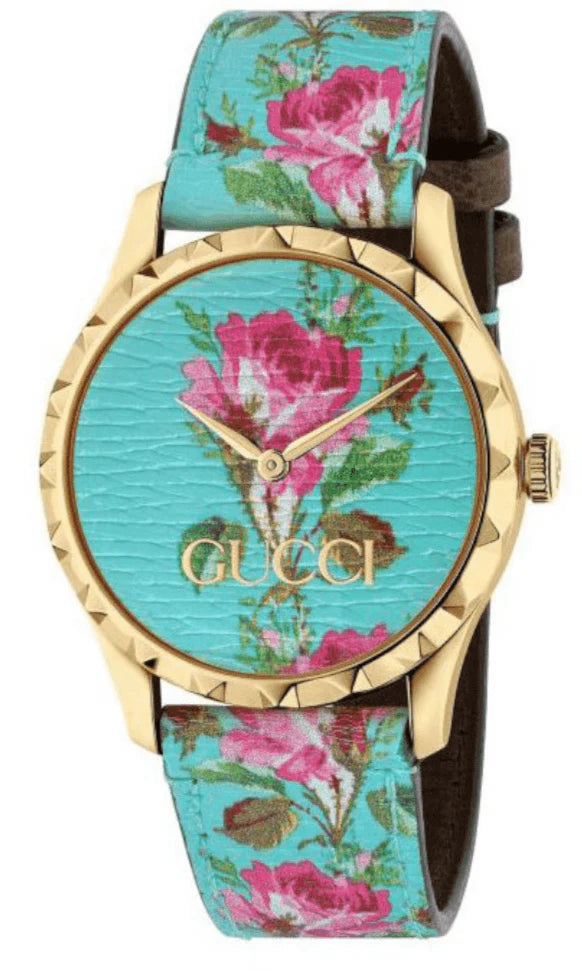 Gucci G Timeless Floral, türkises Zifferblatt, türkises Lederarmband, Damenuhr – YA1264085