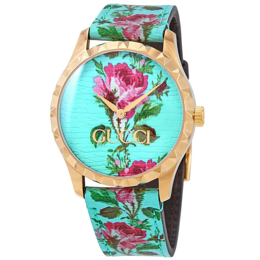 Gucci G Timeless Floral, türkises Zifferblatt, türkises Lederarmband, Damenuhr – YA1264085