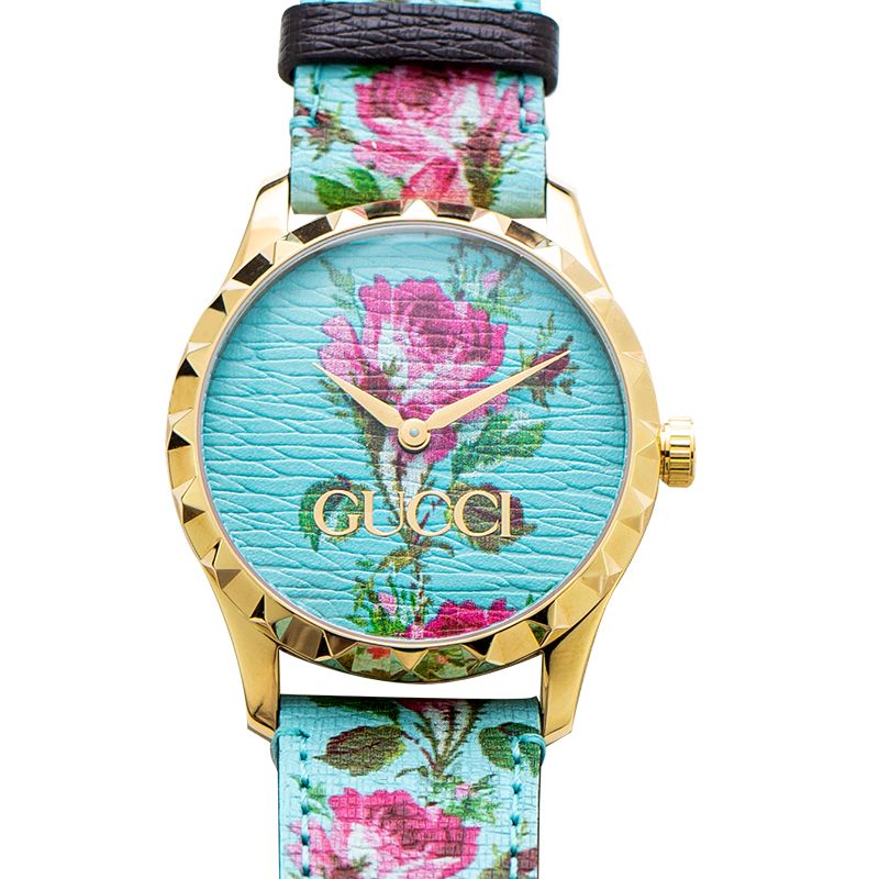 Gucci G Timeless Floral, türkises Zifferblatt, türkises Lederarmband, Damenuhr – YA1264085