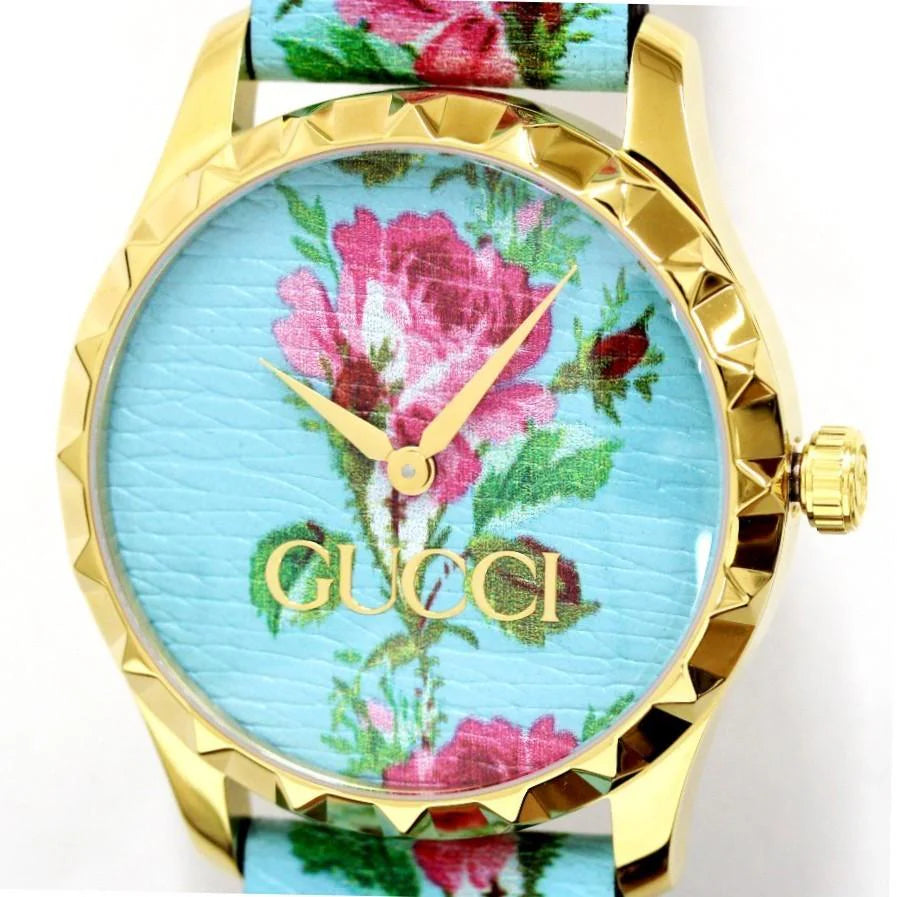 Gucci G Timeless Floral, türkises Zifferblatt, türkises Lederarmband, Damenuhr – YA1264085