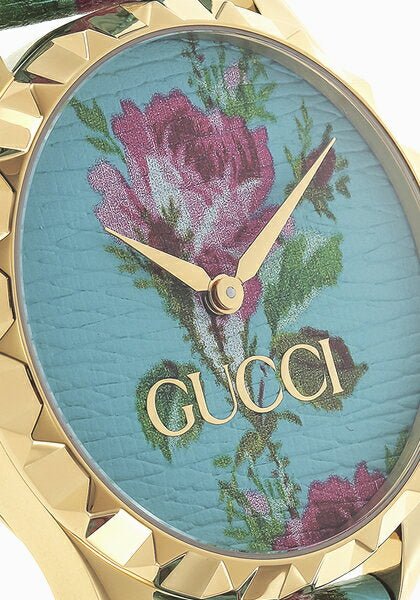 Gucci G Timeless Floral, türkises Zifferblatt, türkises Lederarmband, Damenuhr – YA1264085