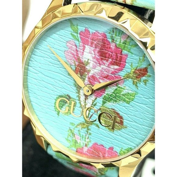 Gucci G Timeless Floral, türkises Zifferblatt, türkises Lederarmband, Damenuhr – YA1264085