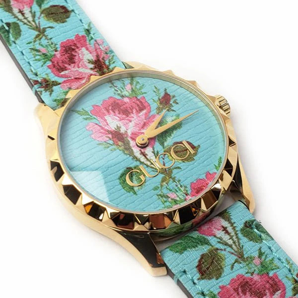 Gucci G Timeless Floral, türkises Zifferblatt, türkises Lederarmband, Damenuhr – YA1264085