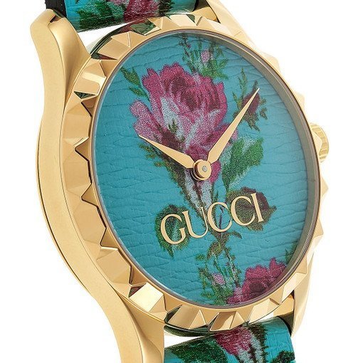 Gucci G Timeless Floral, türkises Zifferblatt, türkises Lederarmband, Damenuhr – YA1264085