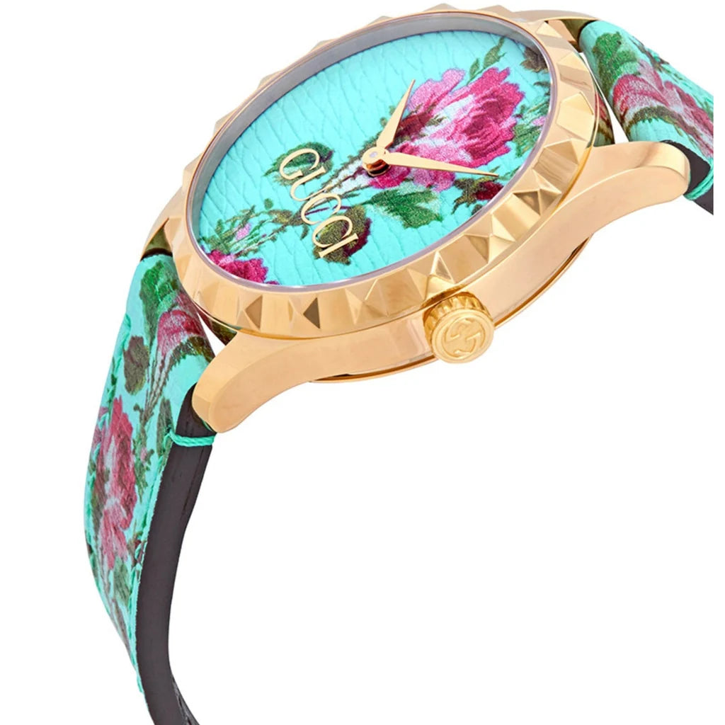 Gucci G Timeless Floral, türkises Zifferblatt, türkises Lederarmband, Damenuhr – YA1264085