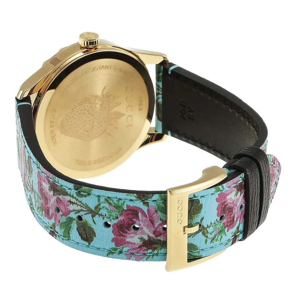 Gucci G Timeless Floral, türkises Zifferblatt, türkises Lederarmband, Damenuhr – YA1264085