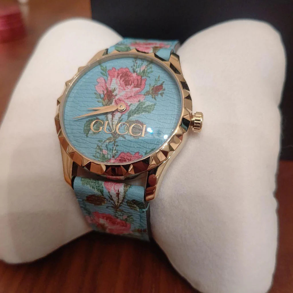 Gucci G Timeless Floral, türkises Zifferblatt, türkises Lederarmband, Damenuhr – YA1264085