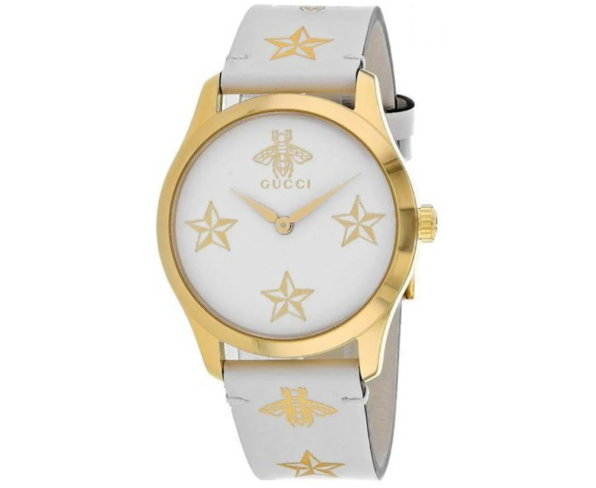 Gucci G Zeitlose Gucci Uhr  für Damen, weißes Zifferblatt weißes Lederarmband - YA1264096