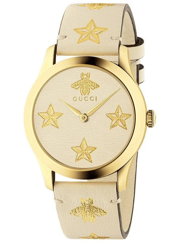 Gucci G Zeitlose Gucci Uhr  für Damen, weißes Zifferblatt weißes Lederarmband - YA1264096