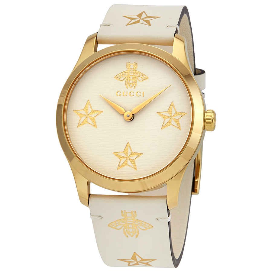Gucci G Zeitlose Gucci Uhr  für Damen, weißes Zifferblatt weißes Lederarmband - YA1264096