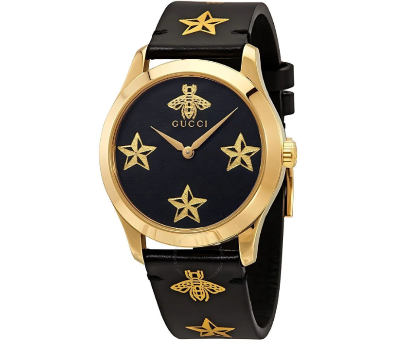 Gucci G Zeitlose Gucci Uhr  für Damen, schwarzes Zifferblatt schwarzes Lederarmband - YA1264055