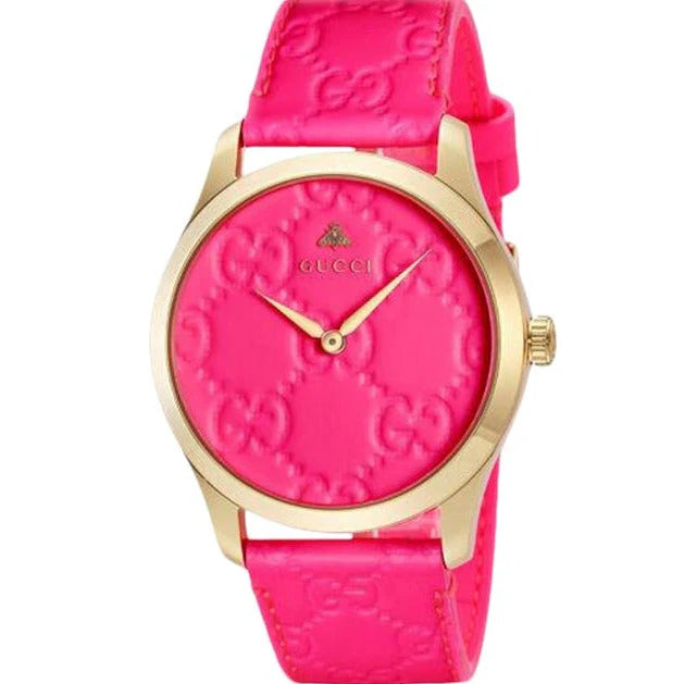 Gucci G Zeitlose Quarz-Ararmbanduhr für Damen, Pink Zifferblatt pinkes Leder– YA1264115