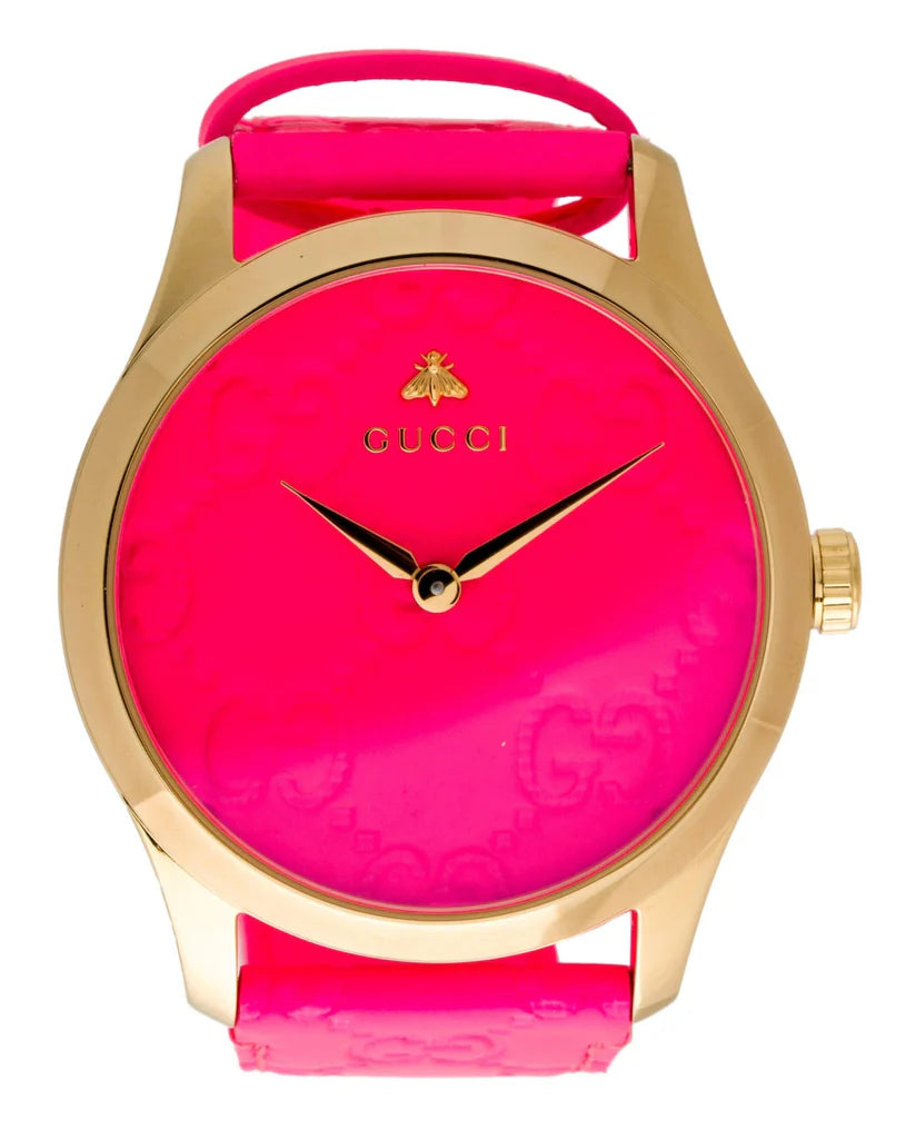Gucci G Zeitlose Quarz-Ararmbanduhr für Damen, Pink Zifferblatt pinkes Leder– YA1264115
