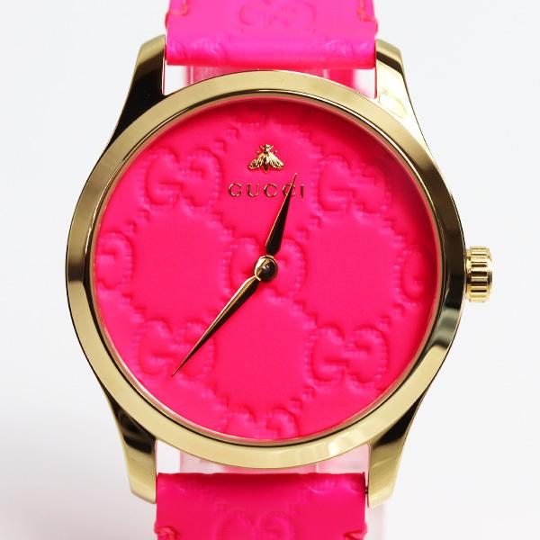 Gucci G Zeitlose Quarz-Ararmbanduhr für Damen, Pink Zifferblatt pinkes Leder– YA1264115