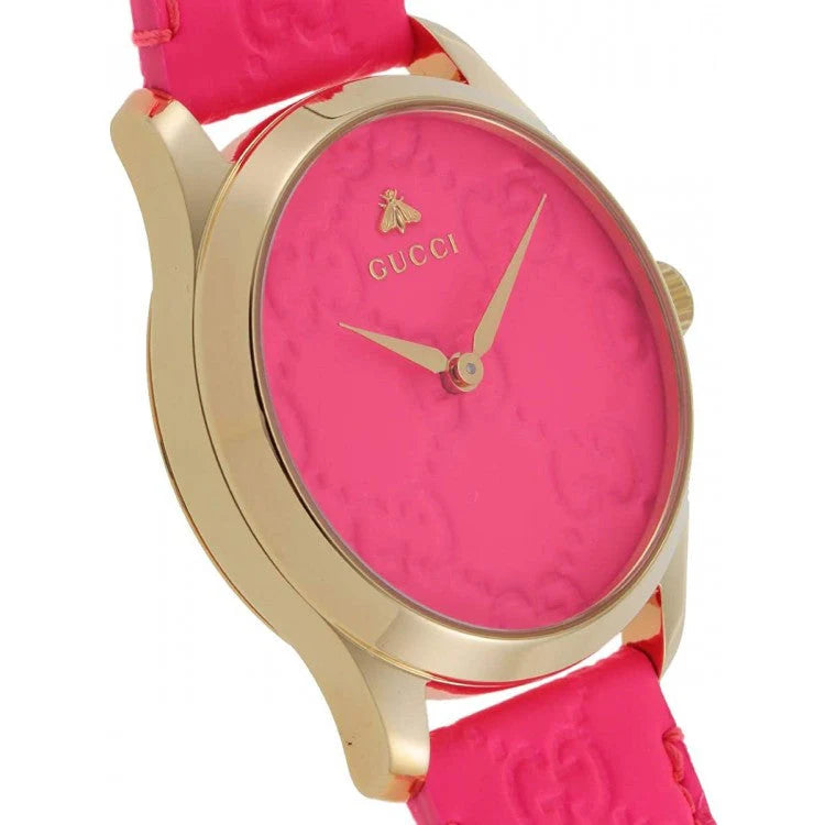 Gucci G Zeitlose Quarz-Ararmbanduhr für Damen, Pink Zifferblatt pinkes Leder– YA1264115