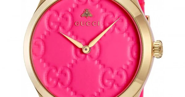 Gucci G Zeitlose Quarz-Ararmbanduhr für Damen, Pink Zifferblatt pinkes Leder– YA1264115