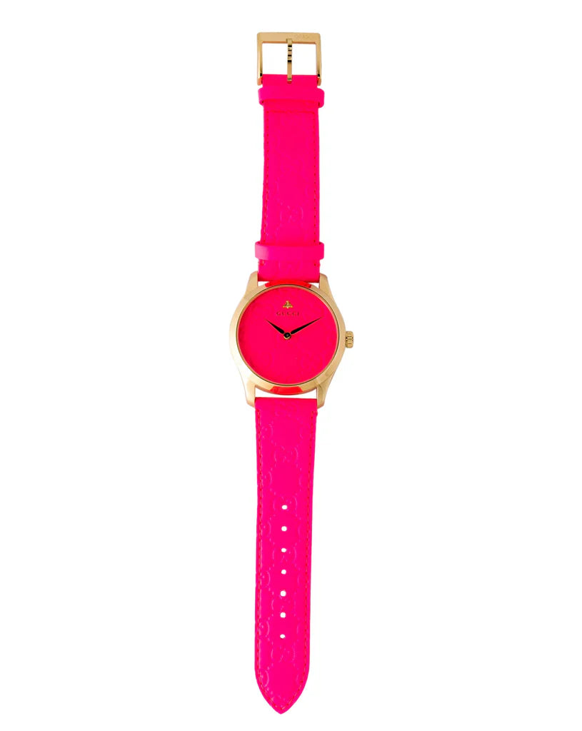Gucci G Zeitlose Quarz-Ararmbanduhr für Damen, Pink Zifferblatt pinkes Leder– YA1264115
