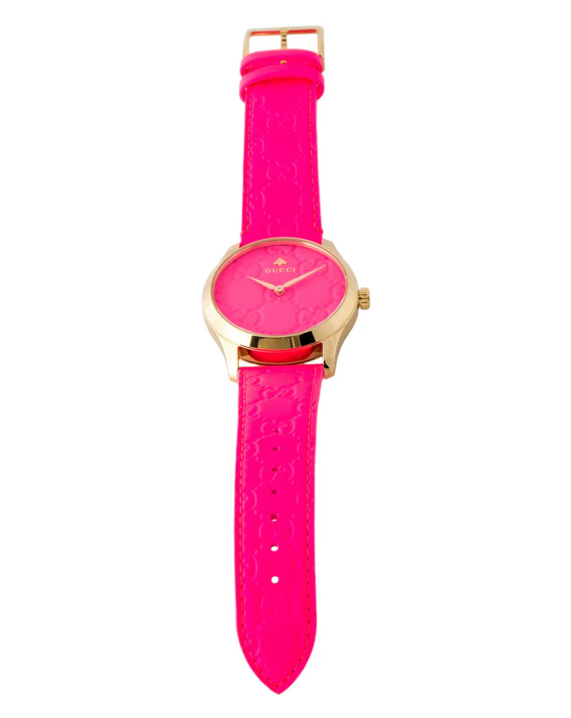 Gucci G Zeitlose Quarz-Ararmbanduhr für Damen, Pink Zifferblatt pinkes Leder– YA1264115