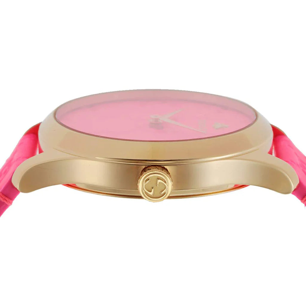 Gucci G Zeitlose Quarz-Ararmbanduhr für Damen, Pink Zifferblatt pinkes Leder– YA1264115