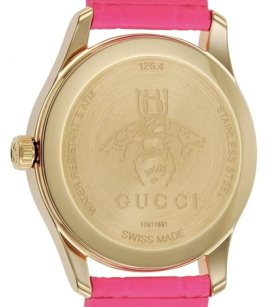 Gucci G Zeitlose Quarz-Ararmbanduhr für Damen, Pink Zifferblatt pinkes Leder– YA1264115