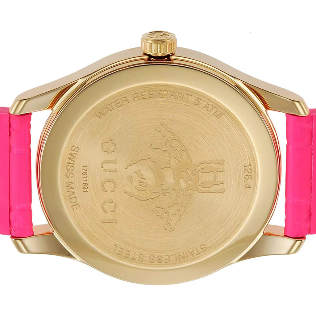 Gucci G Zeitlose Quarz-Ararmbanduhr für Damen, Pink Zifferblatt pinkes Leder– YA1264115