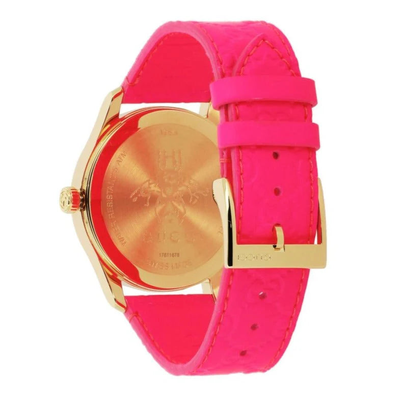 Gucci G Zeitlose Quarz-Ararmbanduhr für Damen, Pink Zifferblatt pinkes Leder– YA1264115
