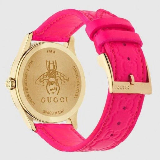 Gucci G Zeitlose Quarz-Ararmbanduhr für Damen, Pink Zifferblatt pinkes Leder– YA1264115