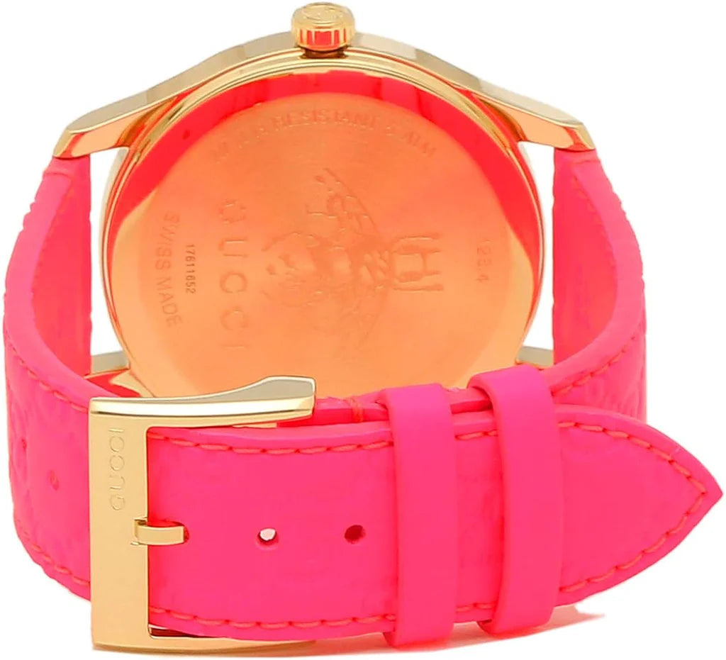 Gucci G Zeitlose Quarz-Ararmbanduhr für Damen, Pink Zifferblatt pinkes Leder– YA1264115
